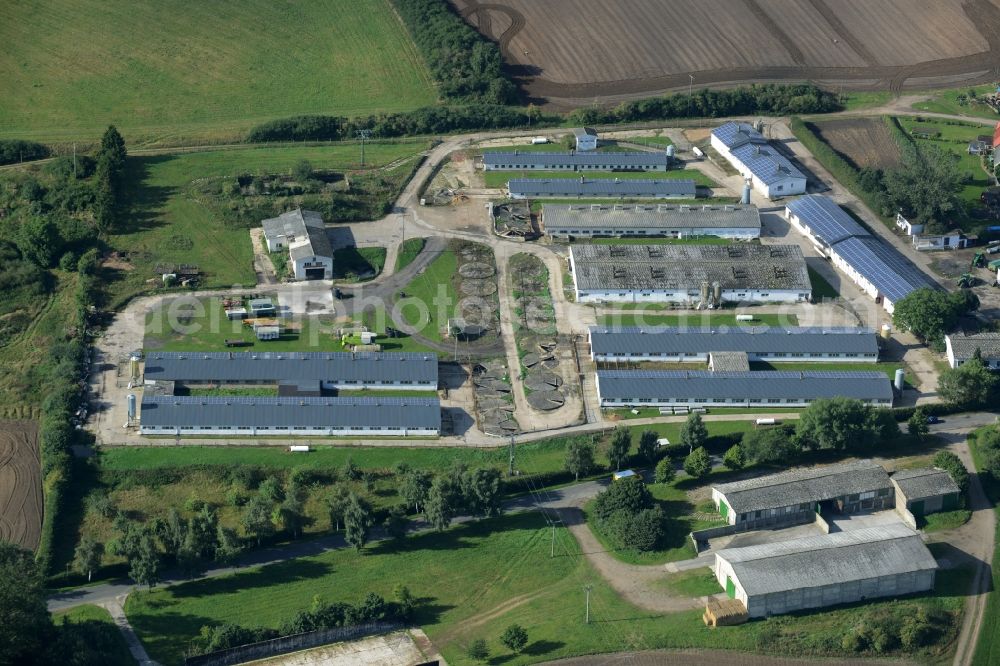 Gnevsdorf from above - Farm in Gnevsdorf in the state of Mecklenburg - Western Pomerania. The large agricultural estate with halls, buildings and stables is located on the Eastern edge of the small village