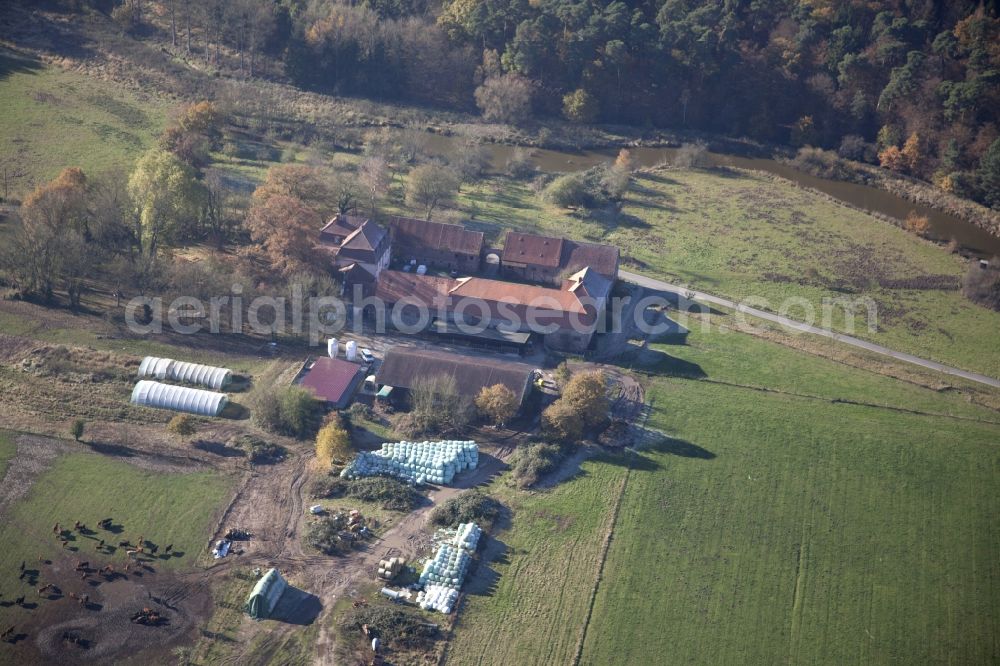 Aerial photograph Heusenstamm - Farm on the edge of cultivated fields in the district Rembruecken in Heusenstamm in the state Hesse, Hofgut Patershausen