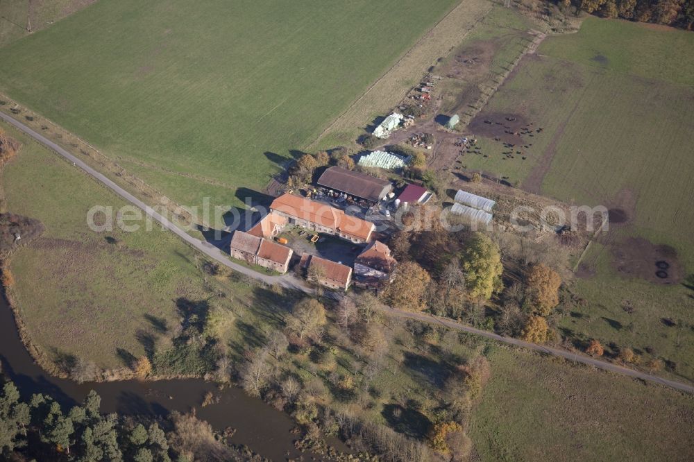 Heusenstamm from above - Farm on the edge of cultivated fields in the district Rembruecken in Heusenstamm in the state Hesse, Hofgut Patershausen