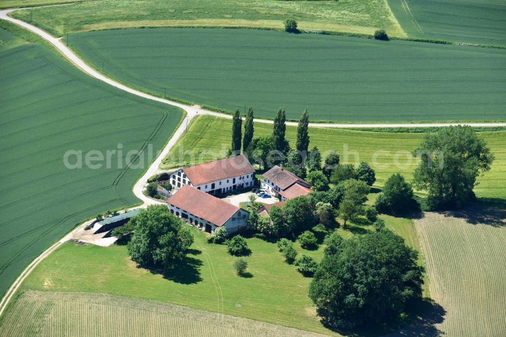 Velden from above - Farm on the edge of cultivated fields in Velden in the state Bavaria, Germany