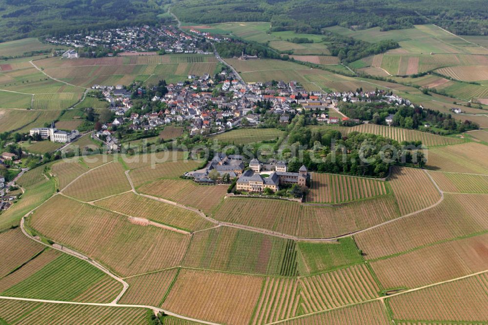 Geisenheim from above - Blick auf das traditionelle Weingut und Weinanlage Schloss Johannisberg in Geisenheim im Rheingau in Hessen. Die dem Verband Deutscher Prädikats- und Qualitätsweingüter angehörende Weinbaudomäne ist alleiniger Besitzer der 35 Hektar großen Lage, die zu den besten des Rheingaus zählt. View to the traditional wine-growing estate and the wine-growing area Schloss Johannisberg in Geisenheim in Rheingau.