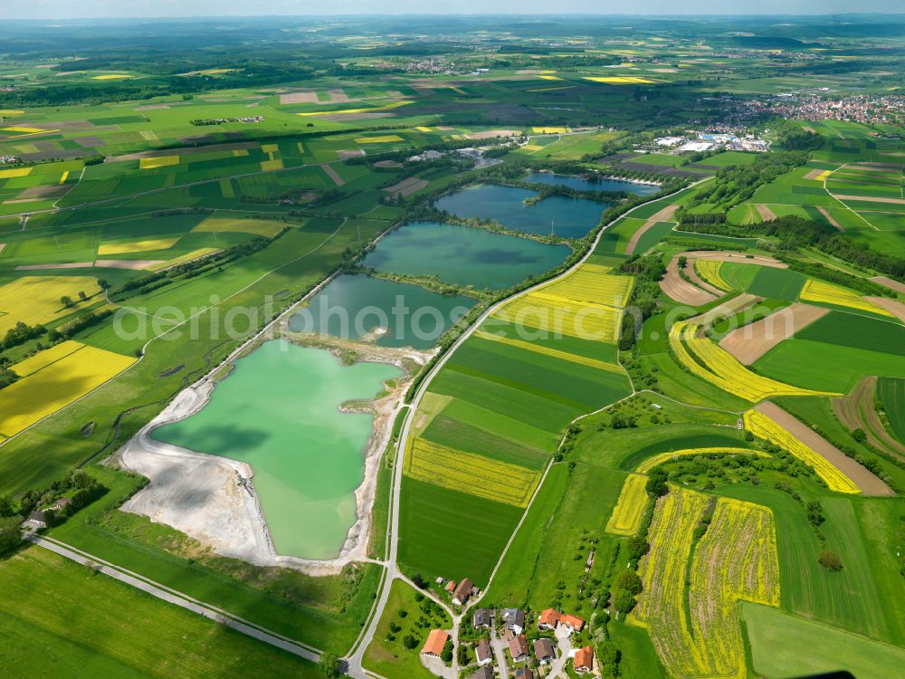 Aerial photograph Binzwangen - Yellow - green contrast of blooming rapeseed flowers on field stripes in Binzwangen in the state Baden-Wuerttemberg, Germany