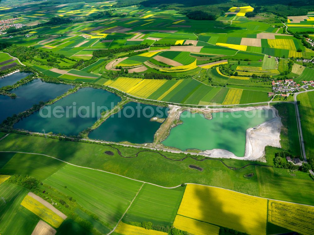 Binzwangen from the bird's eye view: Yellow - green contrast of blooming rapeseed flowers on field stripes in Binzwangen in the state Baden-Wuerttemberg, Germany