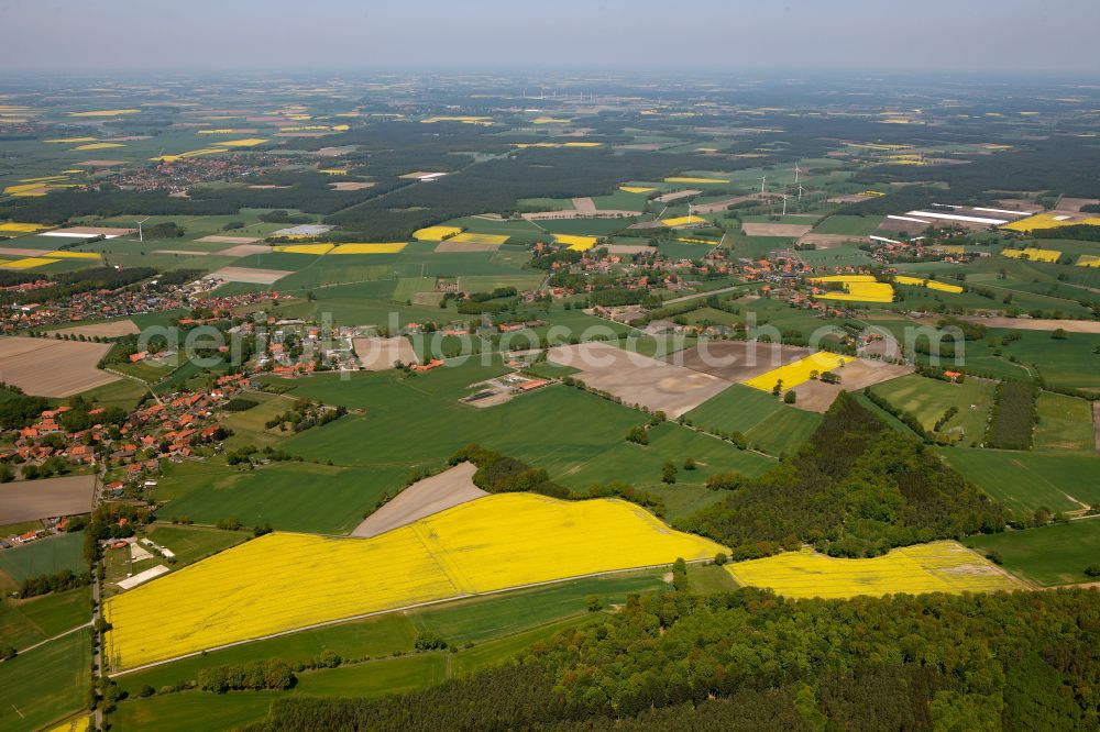 Erichshagen-Wölpe from above - Yellow - green contrast of blooming rapeseed flowers on field stripes in Erichshagen-Woelpe in the state Lower Saxony, Germany