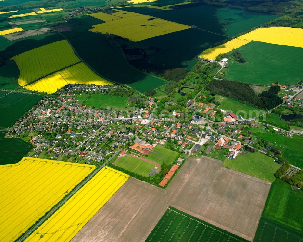 Aerial photograph Gülzow - Yellow - green contrast of blooming rapeseed flowers on field stripes in Gülzow in the state Schleswig-Holstein, Germany