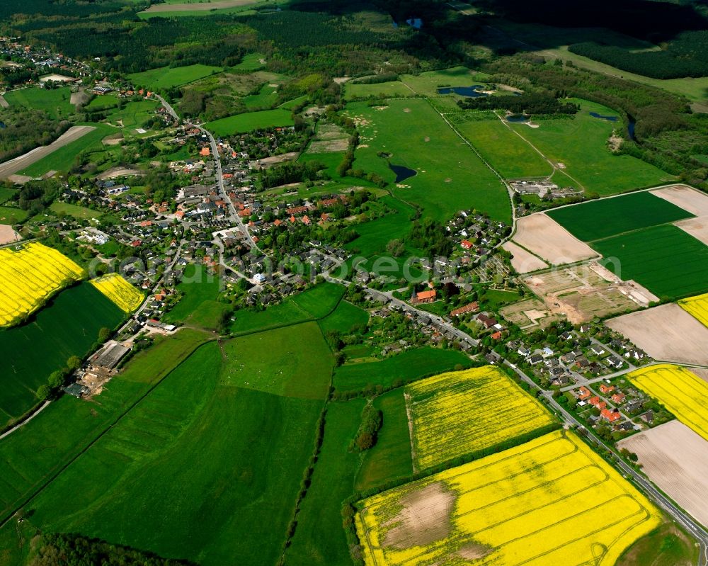 Aerial image Groß Grönau - Yellow - green contrast of blooming rapeseed flowers on field stripes in Groß Grönau in the state Schleswig-Holstein, Germany