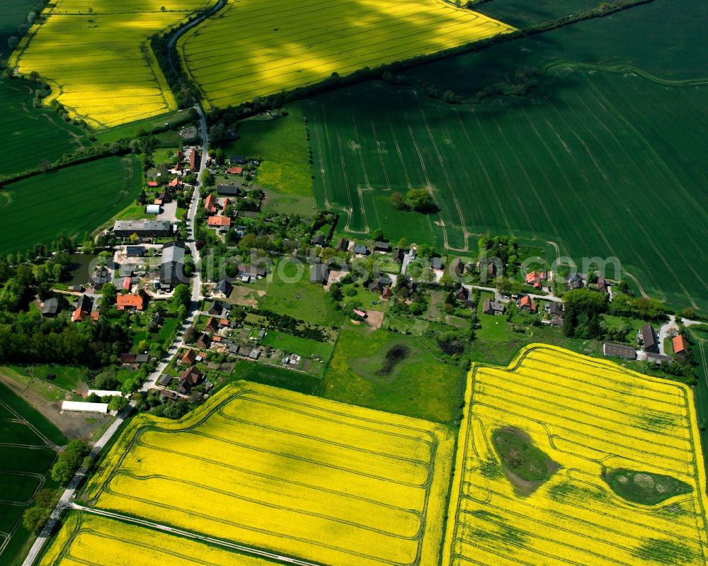 Hakendorf from the bird's eye view: Yellow - green contrast of blooming rapeseed flowers on field stripes in Hakendorf in the state Schleswig-Holstein, Germany