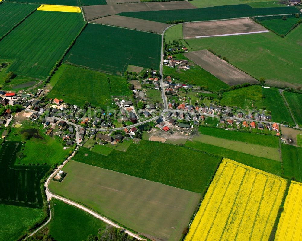 Hamwarde from above - Yellow - green contrast of blooming rapeseed flowers on field stripes in Hamwarde in the state Schleswig-Holstein, Germany