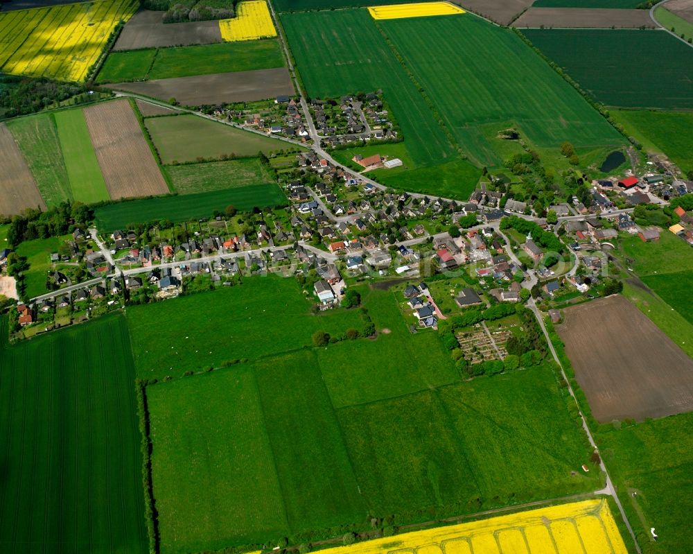 Aerial image Hamwarde - Yellow - green contrast of blooming rapeseed flowers on field stripes in Hamwarde in the state Schleswig-Holstein, Germany