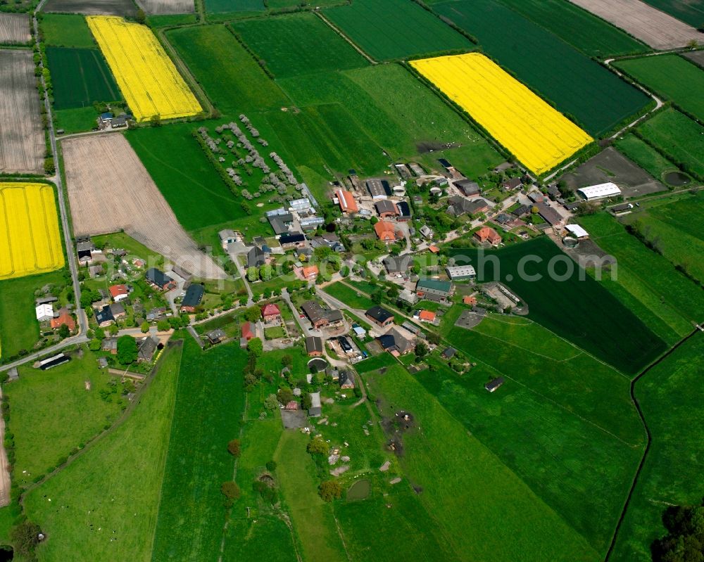 Aerial image Havekost - Yellow - green contrast of blooming rapeseed flowers on field stripes in Havekost in the state Schleswig-Holstein, Germany