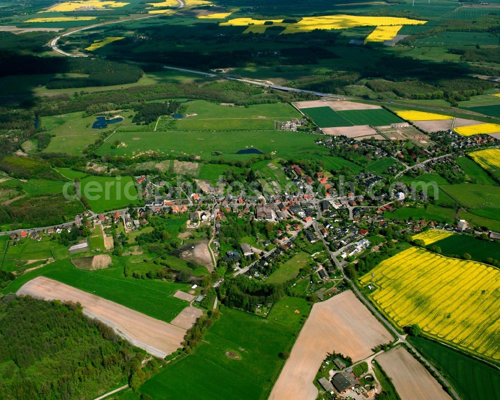 Aerial photograph St. Jürgen - Yellow - green contrast of blooming rapeseed flowers on field stripes in St. Jürgen in the state Schleswig-Holstein, Germany