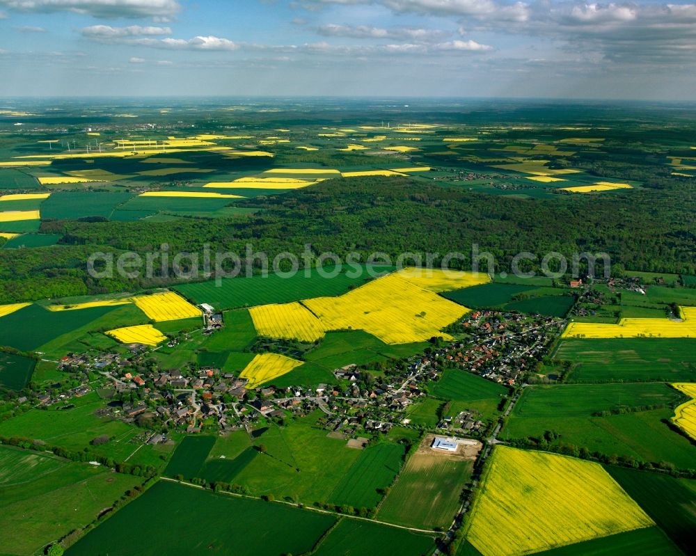 Aerial image Koberg - Yellow - green contrast of blooming rapeseed flowers on field stripes in Koberg in the state Schleswig-Holstein, Germany