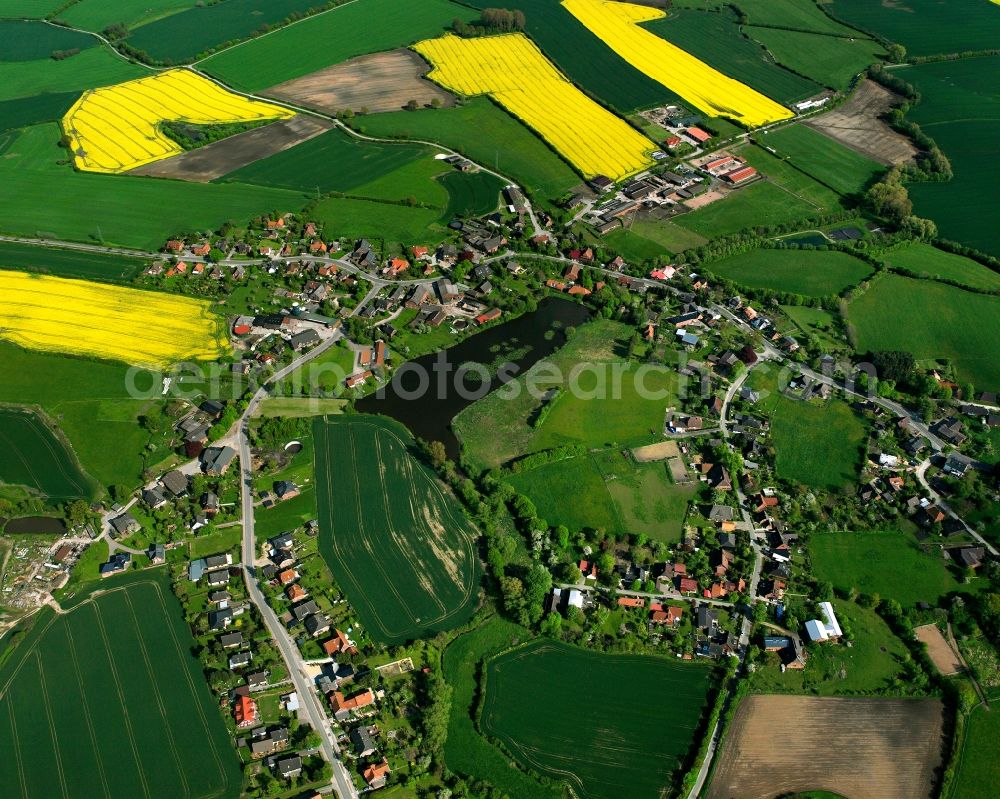 Aerial image Labenz - Yellow - green contrast of blooming rapeseed flowers on field stripes in Labenz in the state Schleswig-Holstein, Germany