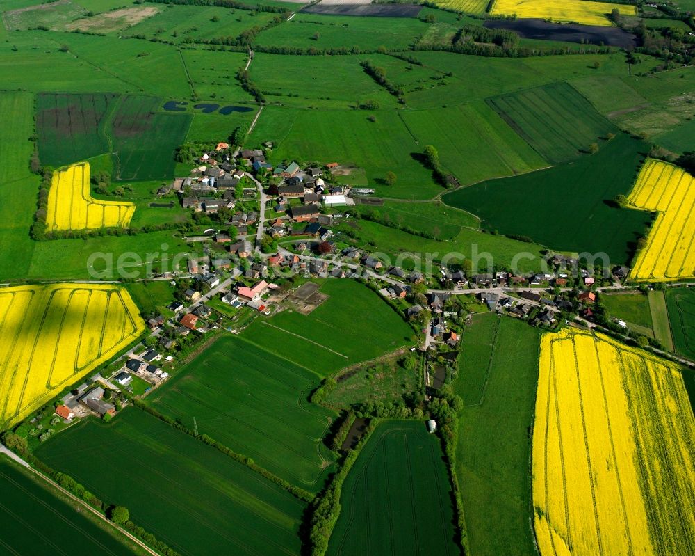 Lüchow from above - Yellow - green contrast of blooming rapeseed flowers on field stripes in Lüchow in the state Schleswig-Holstein, Germany