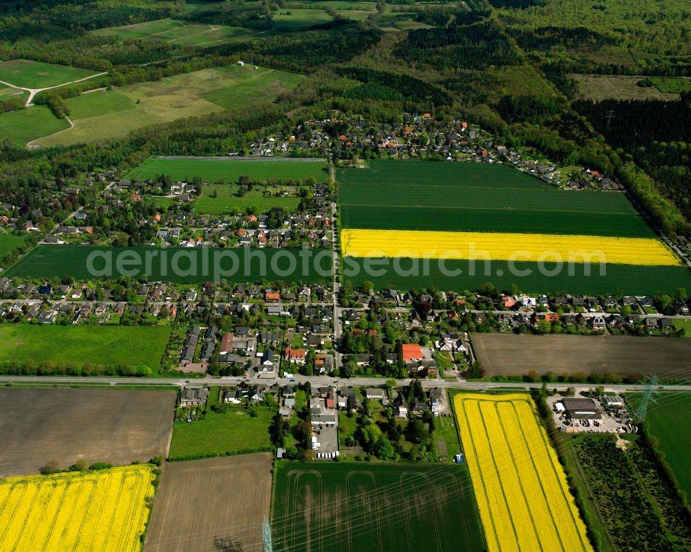 Neu-Börnsen from above - Yellow - green contrast of blooming rapeseed flowers on field stripes in Neu-Börnsen in the state Schleswig-Holstein, Germany