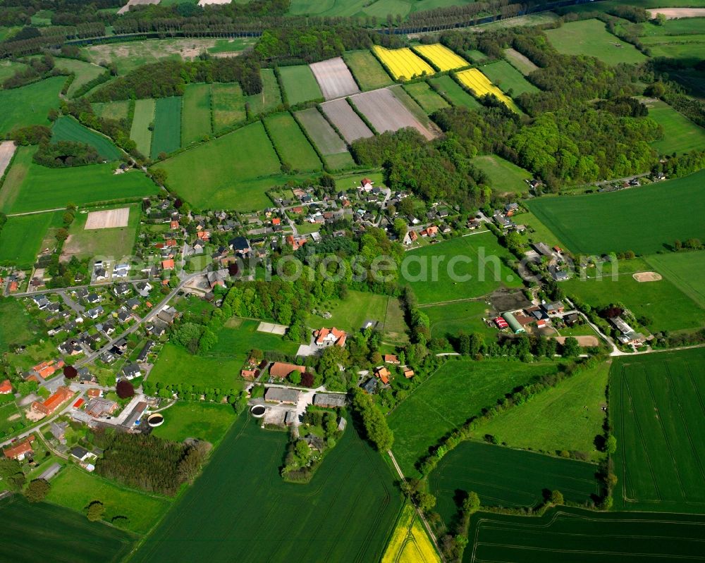 Rondeshagen from above - Yellow - green contrast of blooming rapeseed flowers on field stripes in Rondeshagen in the state Schleswig-Holstein, Germany