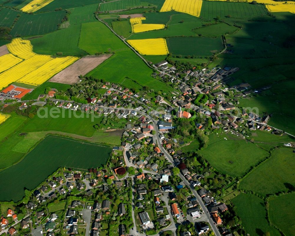 Aerial photograph Sandesneben - Yellow - green contrast of blooming rapeseed flowers on field stripes in Sandesneben in the state Schleswig-Holstein, Germany