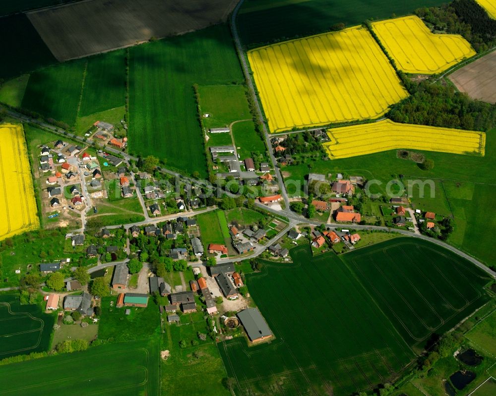 Aerial image Schulendorf - Yellow - green contrast of blooming rapeseed flowers on field stripes in Schulendorf in the state Schleswig-Holstein, Germany