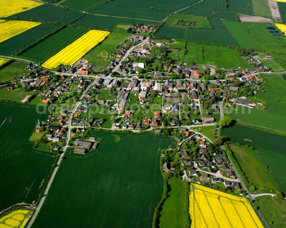 Aerial image Siebenbäumen - Yellow - green contrast of blooming rapeseed flowers on field stripes in Siebenbäumen in the state Schleswig-Holstein, Germany