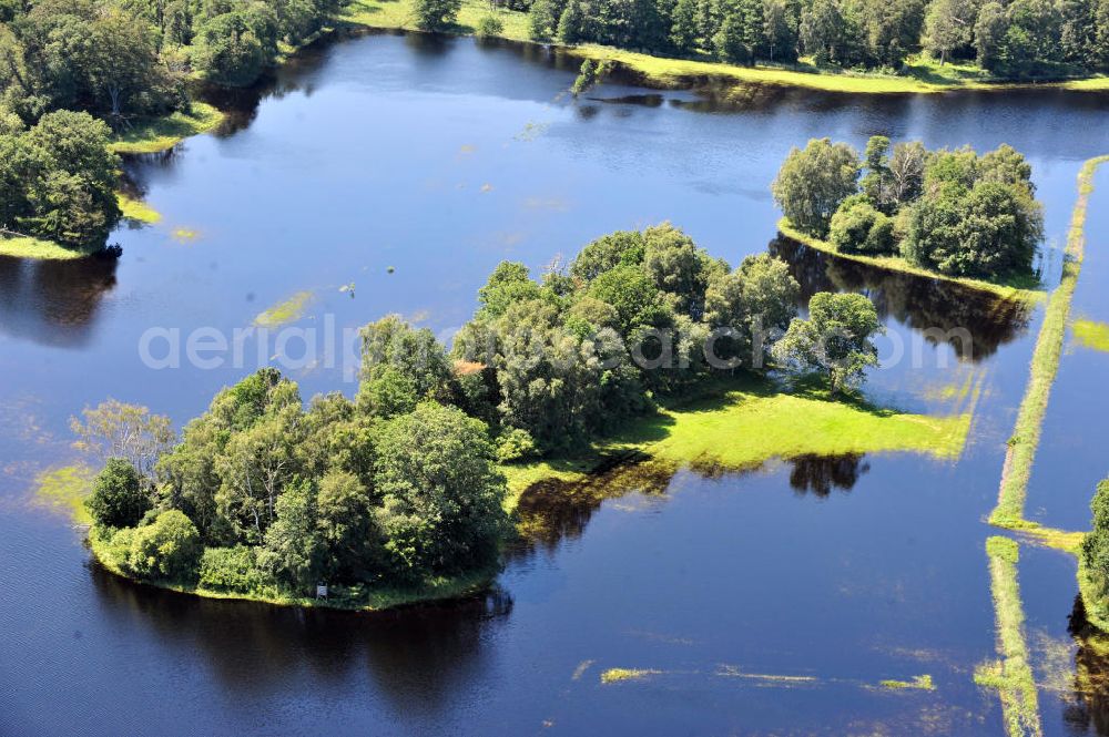 Gelbensande from the bird's eye view: Der, durch überdurchschnittlichen Regen und Grundwassereinfluß überflutete, Gelbensan der Forst, ein küstennahes Waldgebiet mit Mooren und Torfstichen in Mecklenburg-Vorpommern. Flooded landscape conservation area Gelbensan der Forst in Mecklenburg-Western Pomerania.