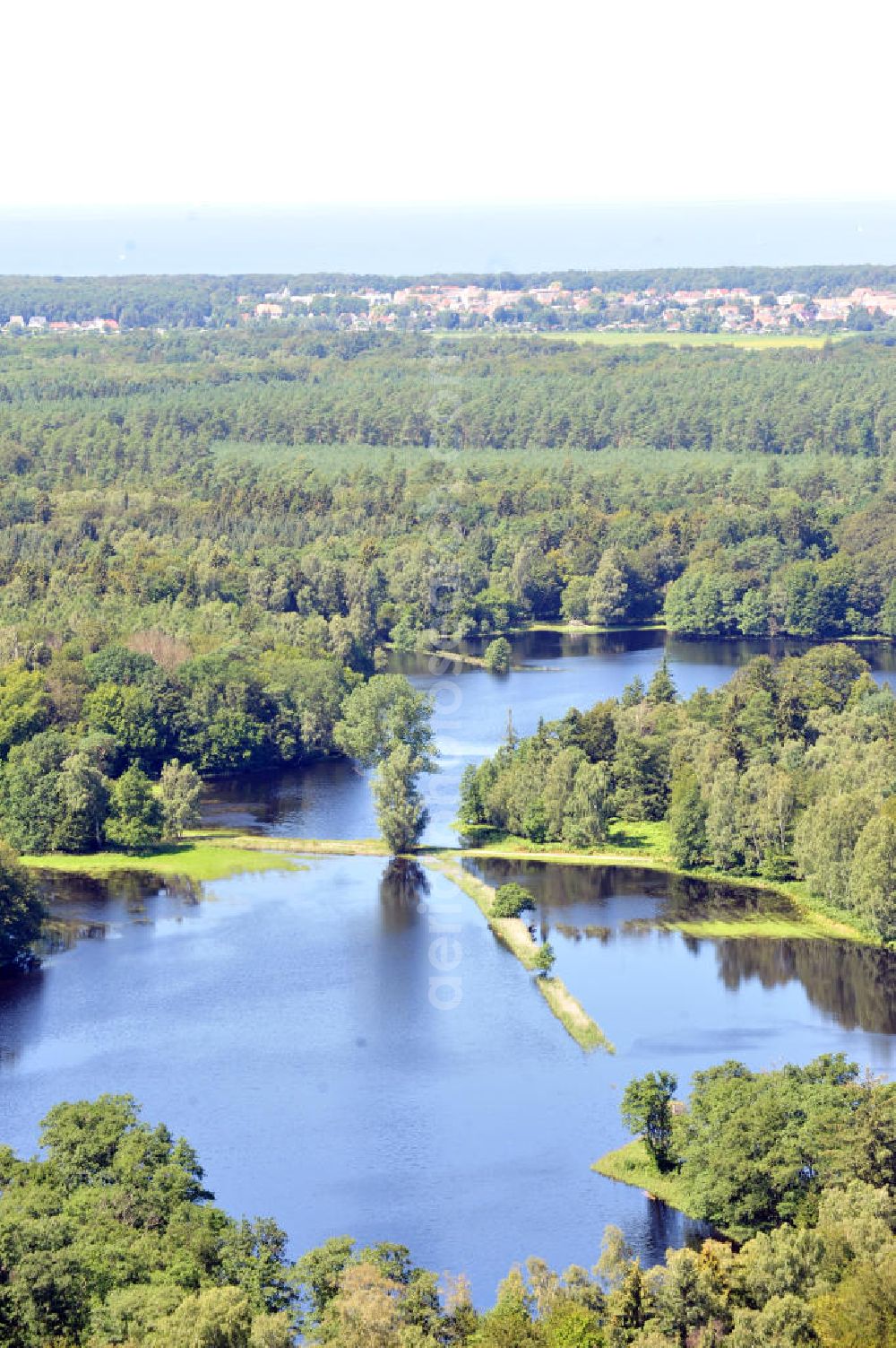 Aerial photograph Gelbensande - Der, durch überdurchschnittlichen Regen und Grundwassereinfluß überflutete, Gelbensan der Forst, ein küstennahes Waldgebiet mit Mooren und Torfstichen in Mecklenburg-Vorpommern. Flooded landscape conservation area Gelbensan der Forst in Mecklenburg-Western Pomerania.