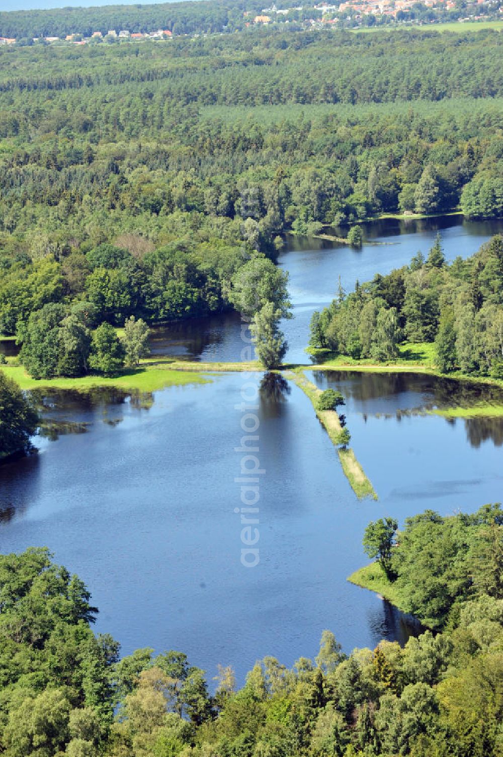 Gelbensande from above - Der, durch überdurchschnittlichen Regen und Grundwassereinfluß überflutete, Gelbensan der Forst, ein küstennahes Waldgebiet mit Mooren und Torfstichen in Mecklenburg-Vorpommern. Flooded landscape conservation area Gelbensan der Forst in Mecklenburg-Western Pomerania.