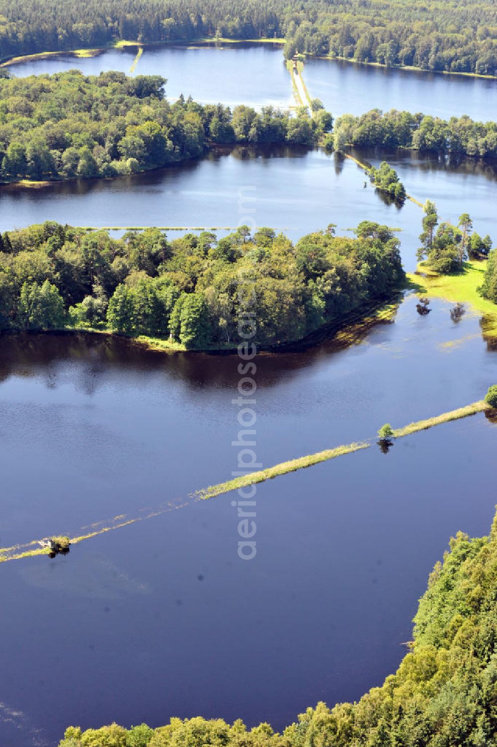 Gelbensande from the bird's eye view: Der, durch überdurchschnittlichen Regen und Grundwassereinfluß überflutete, Gelbensan der Forst, ein küstennahes Waldgebiet mit Mooren und Torfstichen in Mecklenburg-Vorpommern. Flooded landscape conservation area Gelbensan der Forst in Mecklenburg-Western Pomerania.