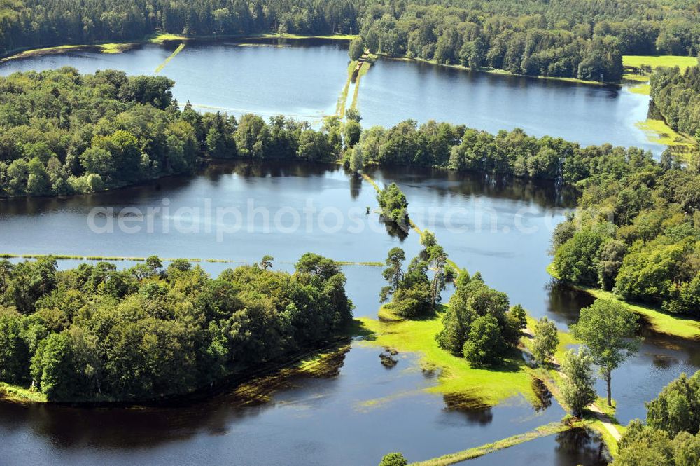 Aerial image Gelbensande - Der, durch überdurchschnittlichen Regen und Grundwassereinfluß überflutete, Gelbensan der Forst, ein küstennahes Waldgebiet mit Mooren und Torfstichen in Mecklenburg-Vorpommern. Flooded landscape conservation area Gelbensan der Forst in Mecklenburg-Western Pomerania.