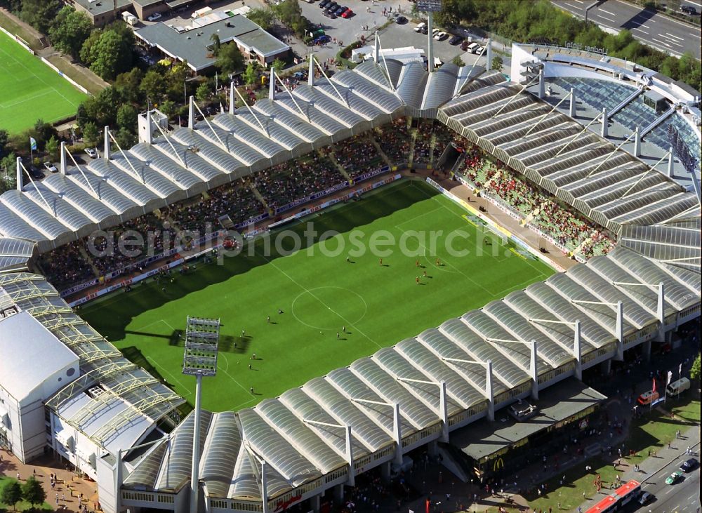 Leverkusen from the bird's eye view: Stadium of Bayer 04 Leverkusen at the BayArena in North Rhine-Westphalia