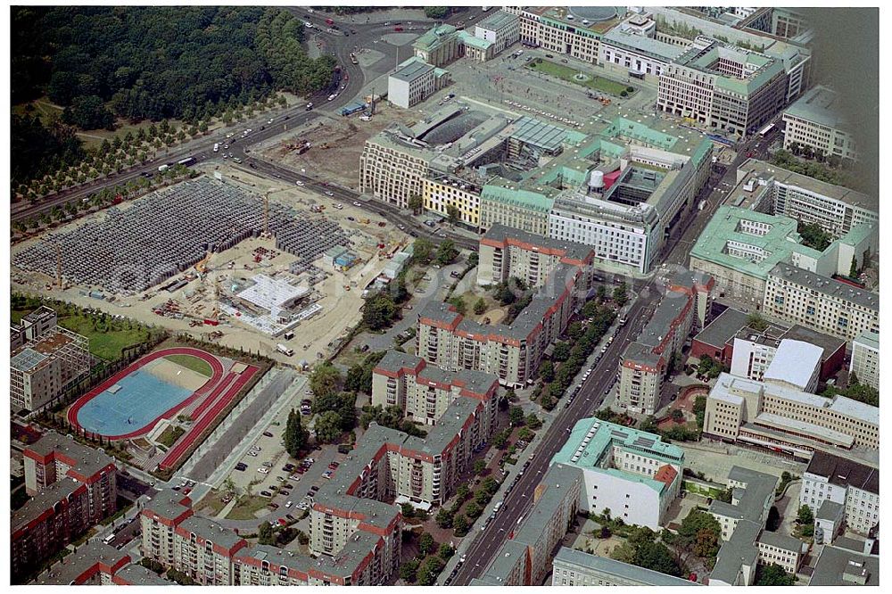 Berlin from the bird's eye view: View of the Holocaust memorial in Berlin Mitte. It is a monument for those under the rule of the german in the Holocaust murdered Jews