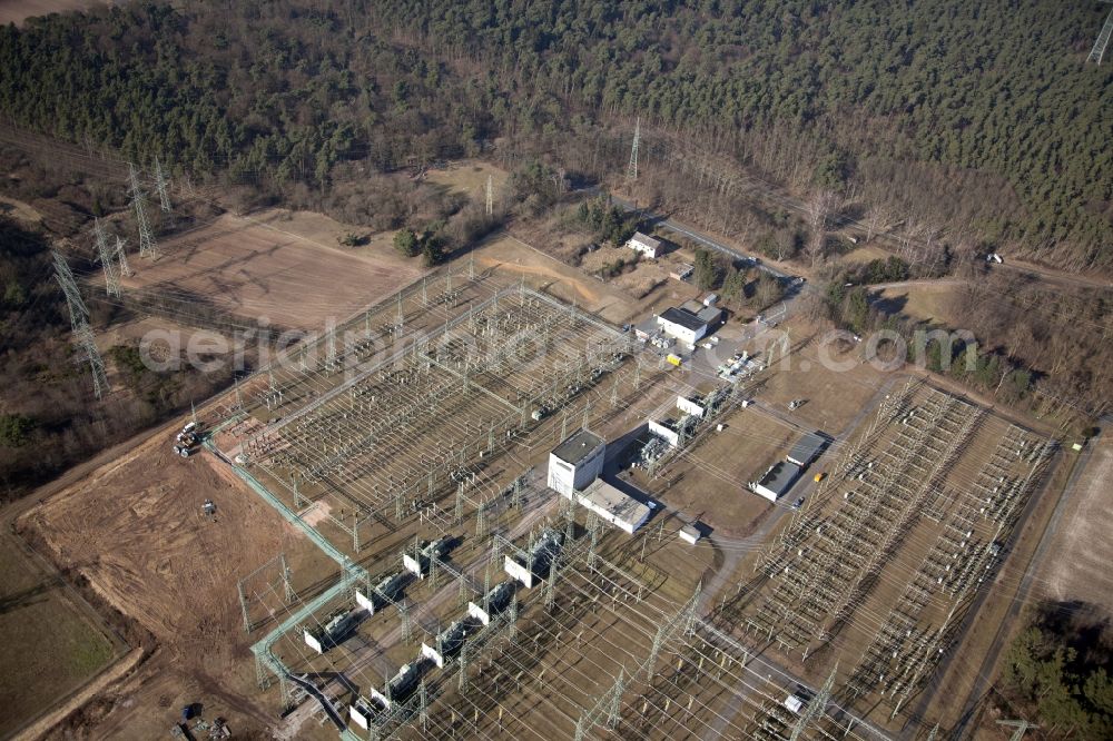 Aerial image Rödermark - Site of the substation for voltage conversion and electrical power supply of Amprion in the district Urberach in Roedermark in the state Hesse