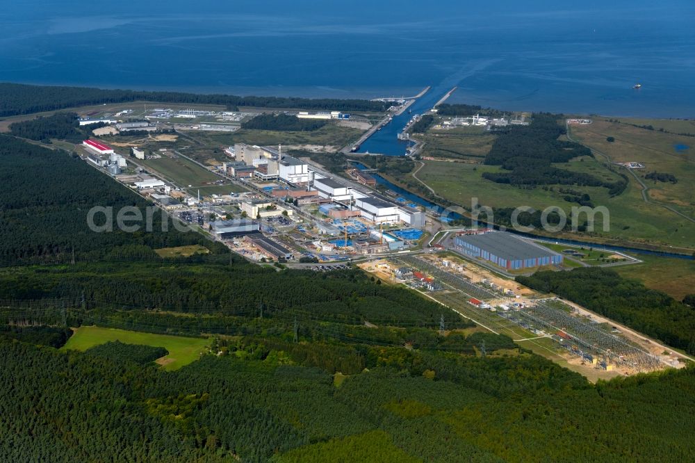 Aerial photograph Freesendorf - Building the decommissioned reactor units and systems of the NPP - NPP nuclear power plant AKW Lubmin and Umspannwerk Lubmin in Freesendorf in the state Mecklenburg - Western Pomerania, Germany