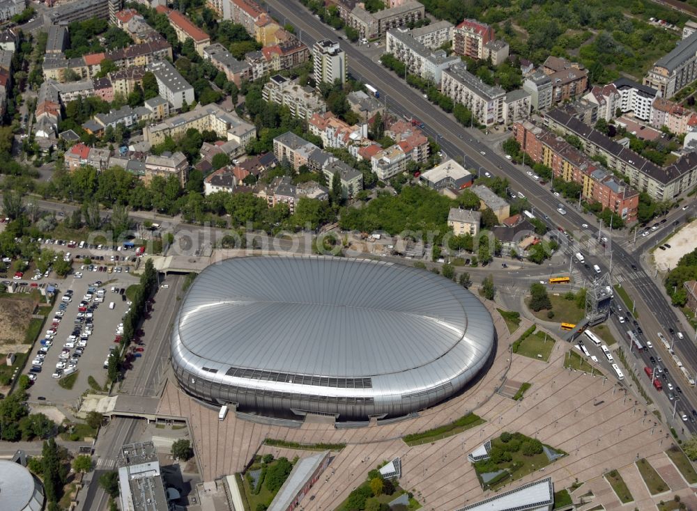 Budapest from above - Event and music-concert grounds of the Arena Papp Laszlo Budapest Sportarena in Budapest in Hungary