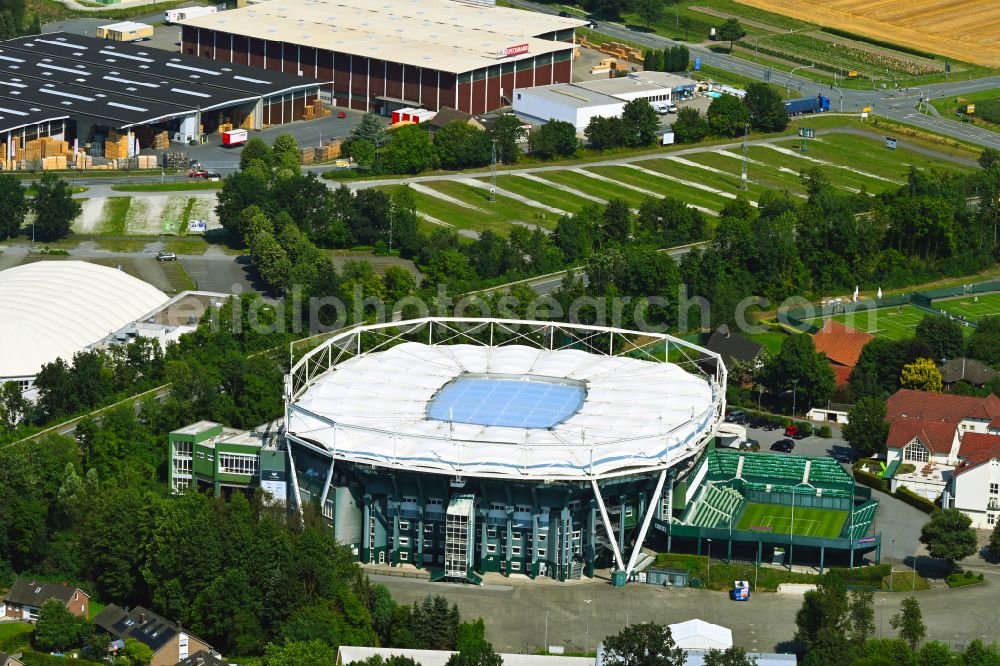 Aerial photograph Halle (Westfalen) - Event and music-concert grounds of the Arena and the event location of OWL ARENA and the OWL EVENT CENTER on Roger-Federer-Allee in Halle (Westfalen) in the state North Rhine-Westphalia, Germany