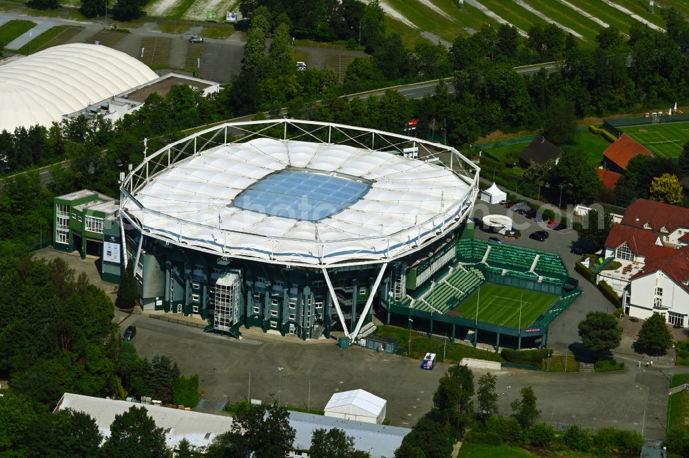 Halle (Westfalen) from above - Event and music-concert grounds of the Arena and the event location of OWL ARENA and the OWL EVENT CENTER on Roger-Federer-Allee in Halle (Westfalen) in the state North Rhine-Westphalia, Germany