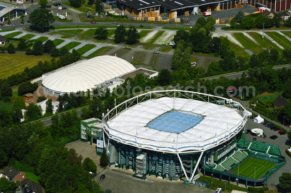 Halle (Westfalen) from the bird's eye view: Event and music-concert grounds of the Arena and the event location of OWL ARENA and the OWL EVENT CENTER on Roger-Federer-Allee in Halle (Westfalen) in the state North Rhine-Westphalia, Germany