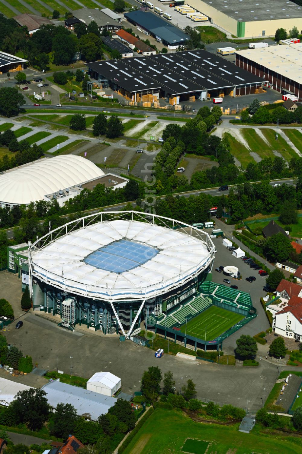 Aerial image Halle (Westfalen) - Event and music-concert grounds of the Arena and the event location of OWL ARENA and the OWL EVENT CENTER on Roger-Federer-Allee in Halle (Westfalen) in the state North Rhine-Westphalia, Germany