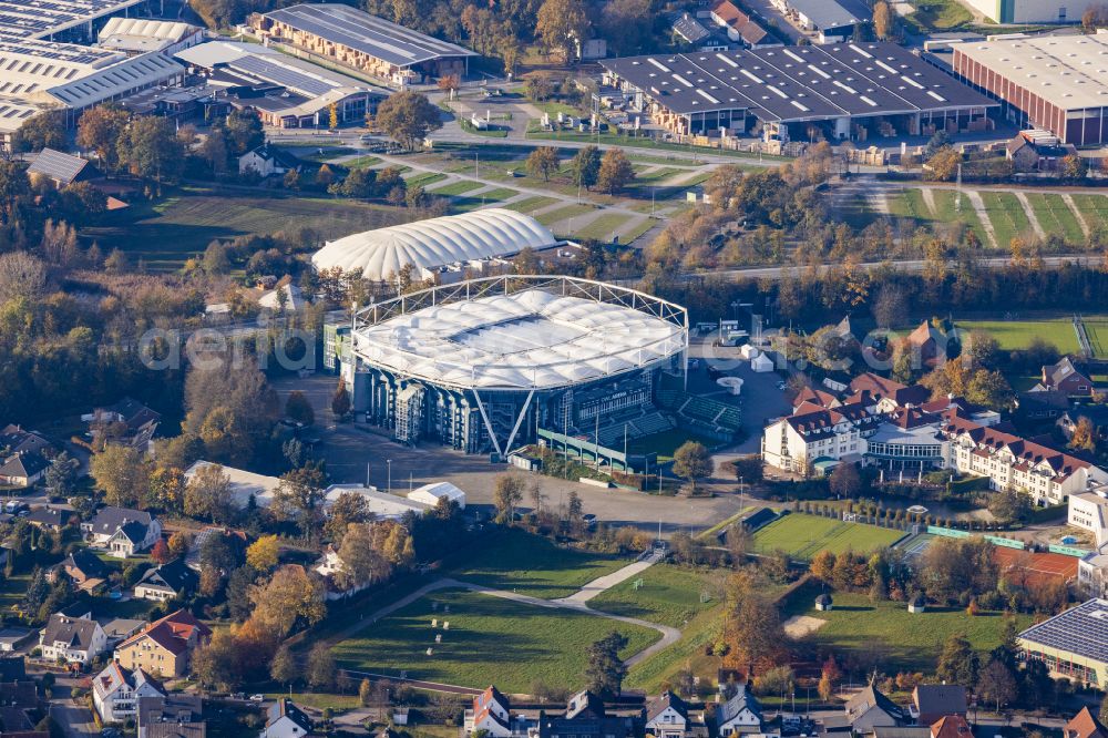 Aerial image Halle (Westfalen) - Event and music-concert grounds of the Arena and the event location of OWL ARENA and the OWL EVENT CENTER on Roger-Federer-Allee in Halle (Westfalen) in the state North Rhine-Westphalia, Germany