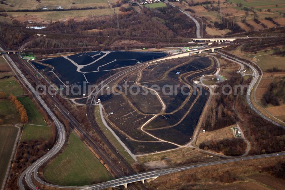 Bruchsal from above - Site of heaped landfill BRLK Gesellschaft fuer Biomuell und Recycling in the district Untergrombach in Bruchsal in the state Baden-Wuerttemberg