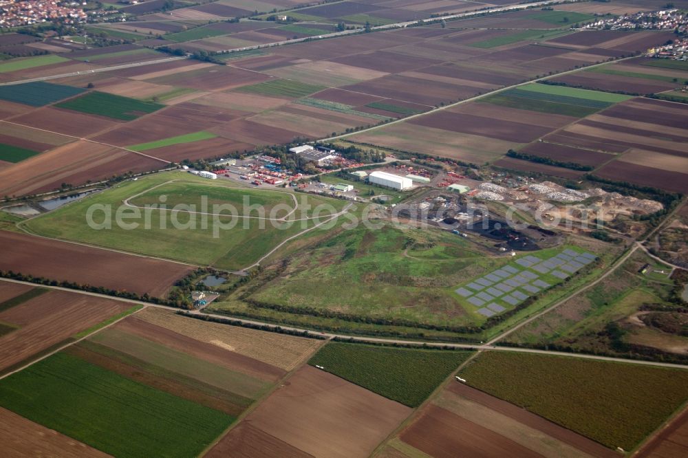 Heßheim from the bird's eye view: Site of heaped landfill Herbert Willersinn Strassenbaustoffe GmbH & Co. KG in Hessheim in the state Rhineland-Palatinate, Germany