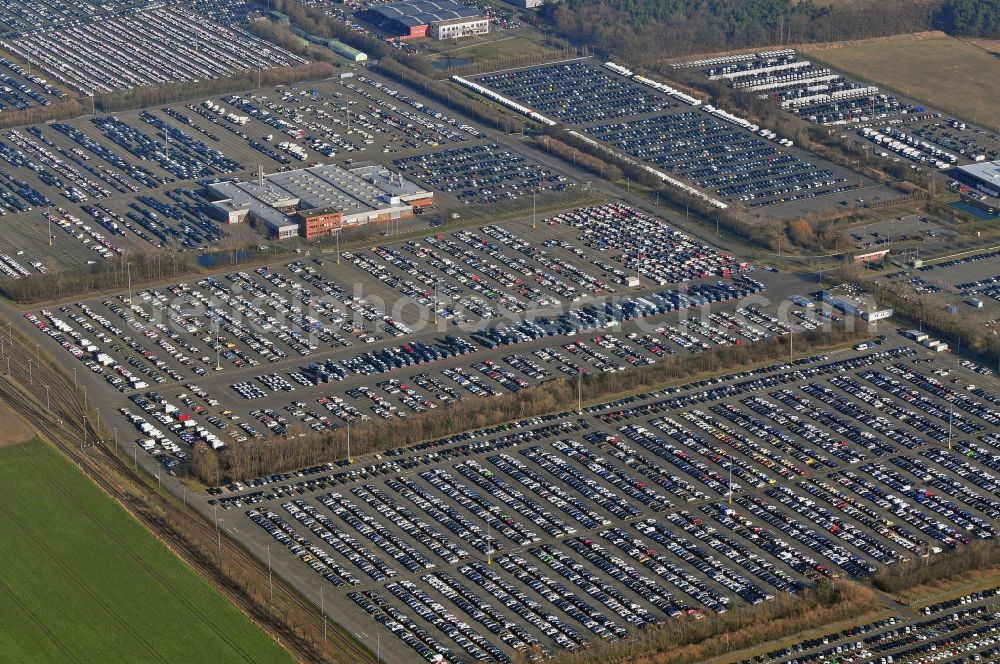 Etzin from the bird's eye view: Site of the auto service center and transshipment Mosolf GmbH Etzin at Nauen. The company was founded over 50 years and in addition to logistics services, vehicle rental and sale, as well engineering, testing and equipment services