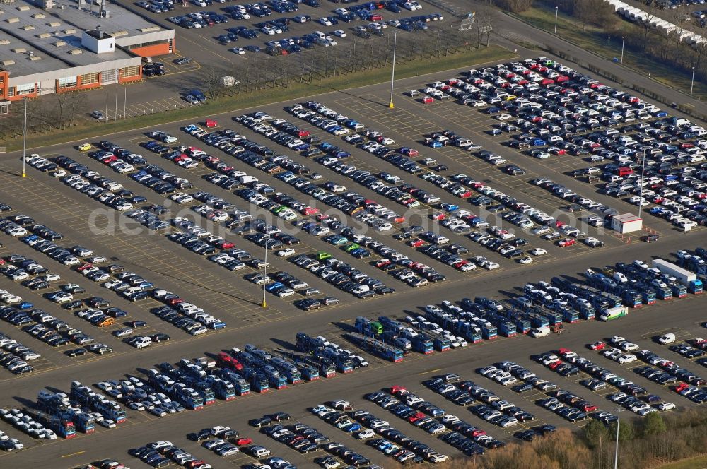 Aerial image Etzin - Site of the auto service center and transshipment Mosolf GmbH Etzin at Nauen. The company was founded over 50 years and in addition to logistics services, vehicle rental and sale, as well engineering, testing and equipment services