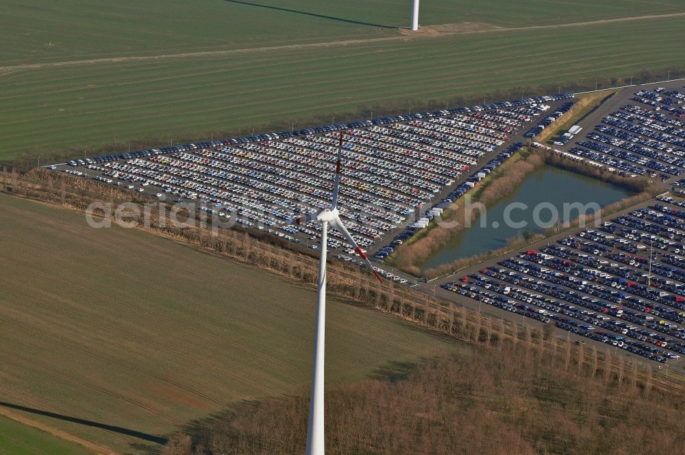 Etzin from the bird's eye view: Site of the auto service center and transshipment Mosolf GmbH Etzin at Nauen. The company was founded over 50 years and in addition to logistics services, vehicle rental and sale, as well engineering, testing and equipment services