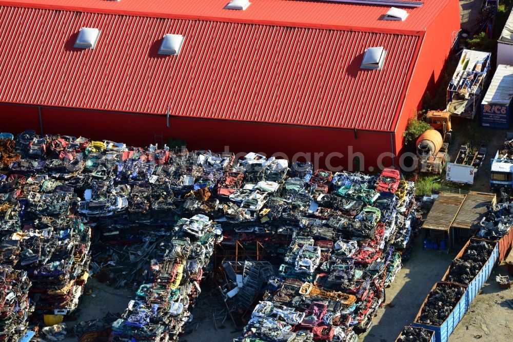 Schopsdorf from the bird's eye view: Area of Autoverwertung Brameier GmbH at Industriestrasse in Schopsdorf in Saxony - Anhalt