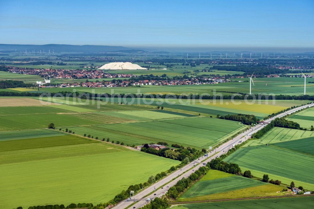 Giesen from the bird's eye view: Site of the mining stockpile for potash and salt production Siegfried on street Latherwischweg in Giesen in the state Lower Saxony, Germany