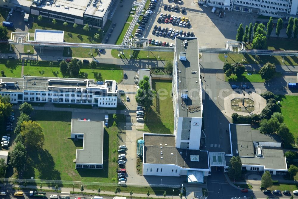 Berlin from above - View of the grounds of the Berlin Chemie AG. The pharmaceutical company is a german subsidiary of the Menarini Group, which has been occupying a leading position in the Italian pharmaceutical market for many years