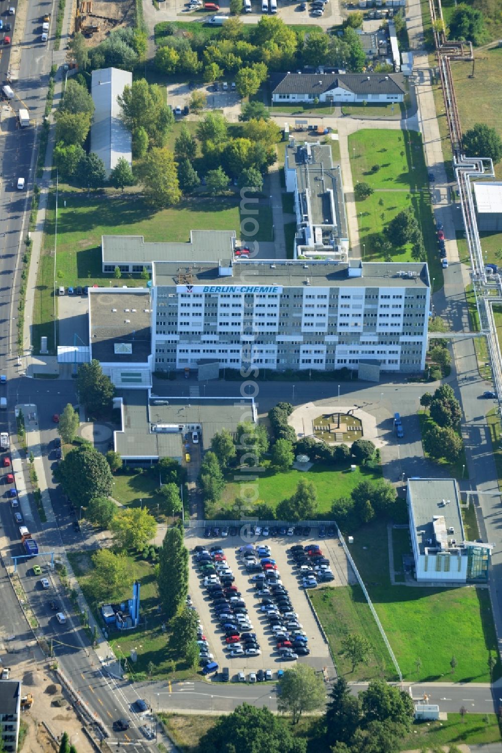 Berlin from above - View of the grounds of the Berlin Chemie AG. The pharmaceutical company is a german subsidiary of the Menarini Group, which has been occupying a leading position in the Italian pharmaceutical market for many years