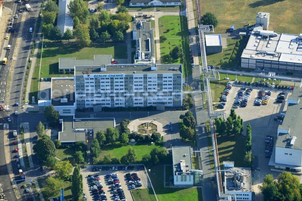 Berlin from the bird's eye view: View of the grounds of the Berlin Chemie AG. The pharmaceutical company is a german subsidiary of the Menarini Group, which has been occupying a leading position in the Italian pharmaceutical market for many years