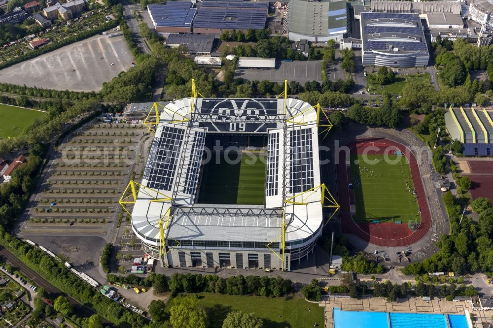 Dortmund from the bird's eye view: Areal of Borusseum, the Signal Iduna Park stadium of Borussia Dortmund