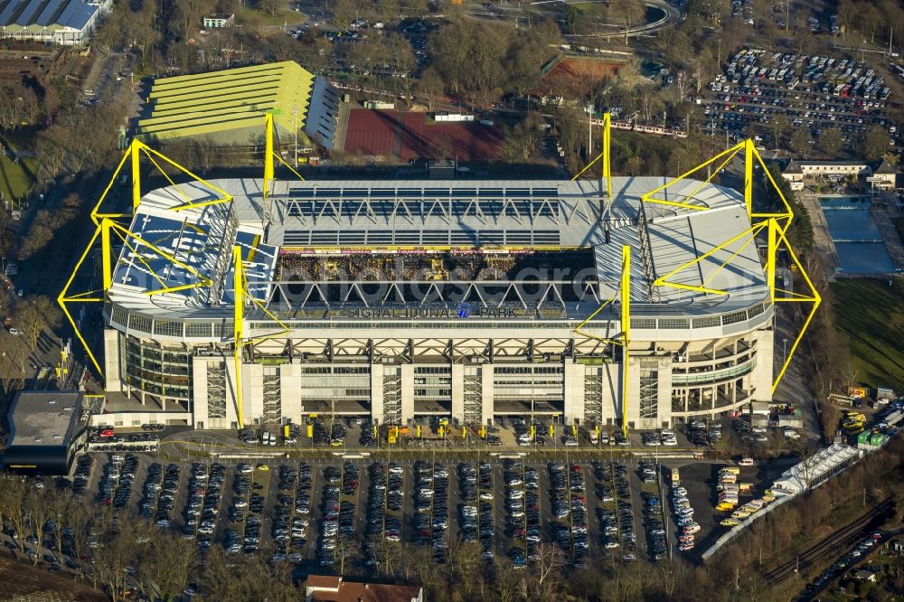 Dortmund from the bird's eye view: Areal of Borusseum, the Signal Iduna Park stadium of Borussia Dortmund